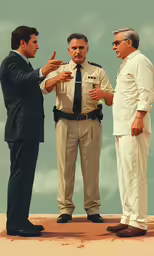 three men wearing white are talking and pointing at each other