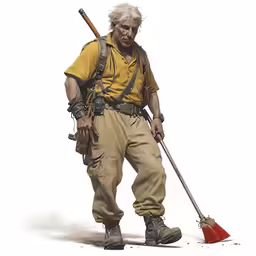 a man with a pick axe and hat, holding a broom