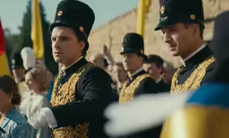 a man standing with a group of people behind him