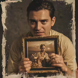man looking up to take picture with framed photo