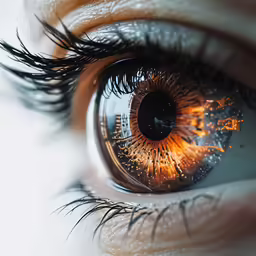 the view of a persons eye with yellow light reflected in it
