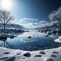 a large body of water surrounded by snow