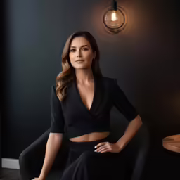 a woman in a black dress is sitting on a chair