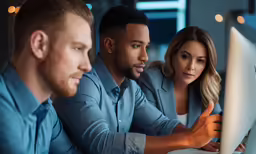 man looking at a laptop screen while his partner and colleague look at something