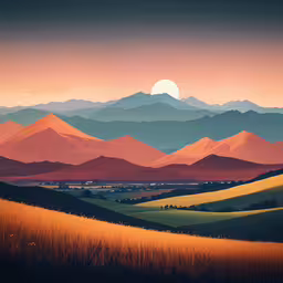 painting of the sunset over a rolling valley,a painting of some hills and a sun setting