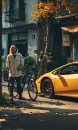a man standing next to a bike near a yellow sports car