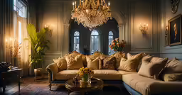 there are couches, lamps, table and windows in the room