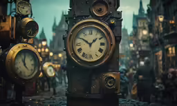 a clock with lots of faces sitting on top of a street
