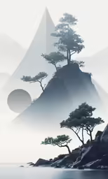 this is a minimalist scene of a mountain and two trees on an island