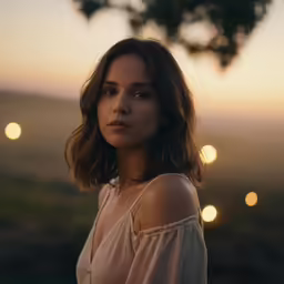 a beautiful woman standing near trees in the evening