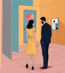 a man and woman standing in an art gallery,a couple in a hallway, with an arrow in the door