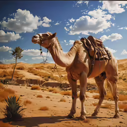 a camel with a saddle on it in a desert landscape