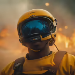 a man in a helmet and vest holding onto a string