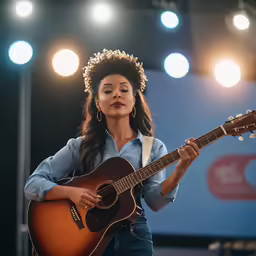 a woman holding a guitar with lots of lights around her