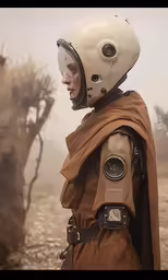 a star wars character wearing a brown cloak and helmet