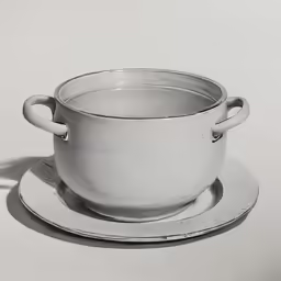 a silver pot and saucer sits on a plate