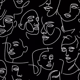 black and white image of several faces with faces drawn on them