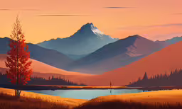 a colorful landscape with some mountains in the distance,a painting of mountains and trees at sunset