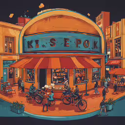 a colorful building with several bicycles parked in front,an image of a restaurant called krisepok with two people outside