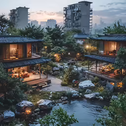 a small house in the middle of a garden with many trees