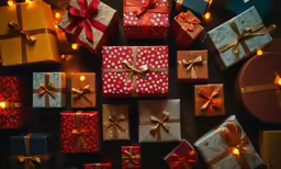 gift wrapped presents surrounded by lights in a pile