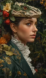 an older woman with flowers in her hair