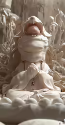 a fake animal sitting on top of a bed covered in white sheets