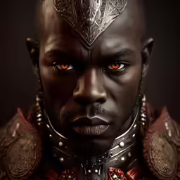 a person with black skin wearing gold and silver armor