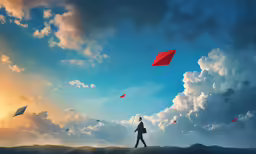 there is a person walking holding a kite