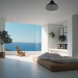 a modern bedroom with an ocean view and natural wood furniture