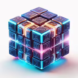 a glowing cube with glowing blue and red squares