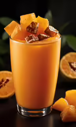 a glass filled with orange flavored drink sitting next to a couple slices of oranges