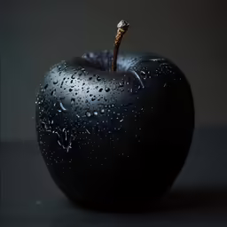 black apple with water droplets and a wooden stick sticking out of the top