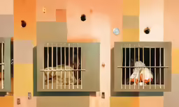 a jail cell is shown with two dogs in the window