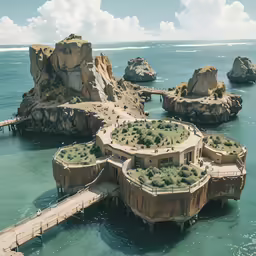 an island shaped like a house sitting in the ocean