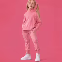 little girl in a pink sweater and sweat pants