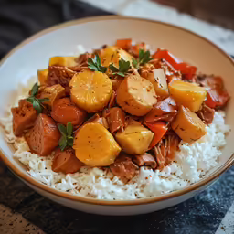 a bowl filled with food sitting on top of rice