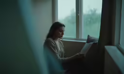 the woman is reading a book by the window