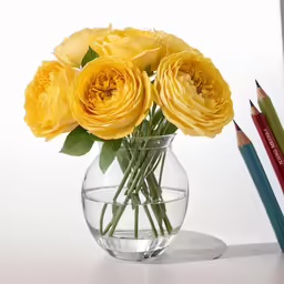 a vase filled with yellow roses sitting next to a pencils
