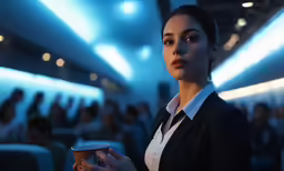 a business woman stands inside an airplane with blue light and a crowd of people