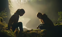 two people sit on the ground with sunlight coming in on them