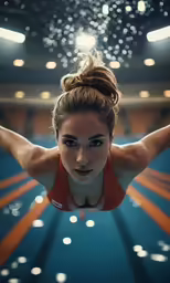 a beautiful young woman swimming under water in an indoor swimming pool