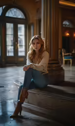 a beautiful young blonde woman in high heels sitting on the stairs