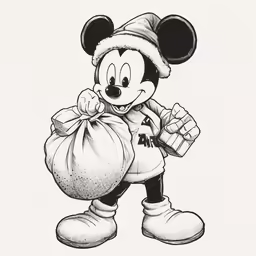 the minnie mouse from mickey mouse is wearing a beanie and holding a bag of gifts