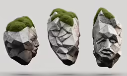 three faces with green moss on the sides