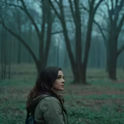 a woman wearing a backpack looks off into the distance as the trees stand in the background