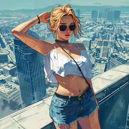 the young woman is posing on top of the building,a girl with sunglasses and shorts stands on a high building with her arm in the air