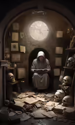 a nun with skulls and a clock in the background