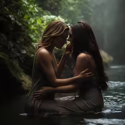 two beautiful women sitting in water near the forest