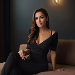 a woman wearing a black suit sitting on a couch
